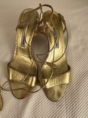 Manolo Blahnik Metallic Gold Leather Wrap Sandals
